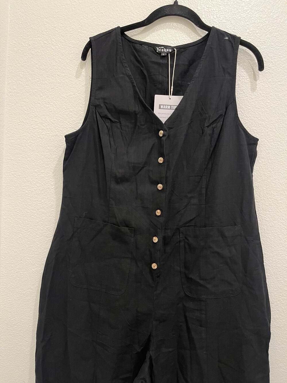 Women's Sleeveless Cotton Linen Blend V-Neck Button-Down Wide-Leg Jumpsuit - Picture 9 of 15